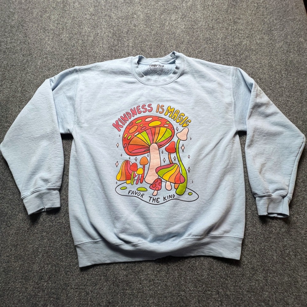 Thrifted by LivyLu Kindness Is Magic Mushroom Sweatshirt Blue Distressed Medium